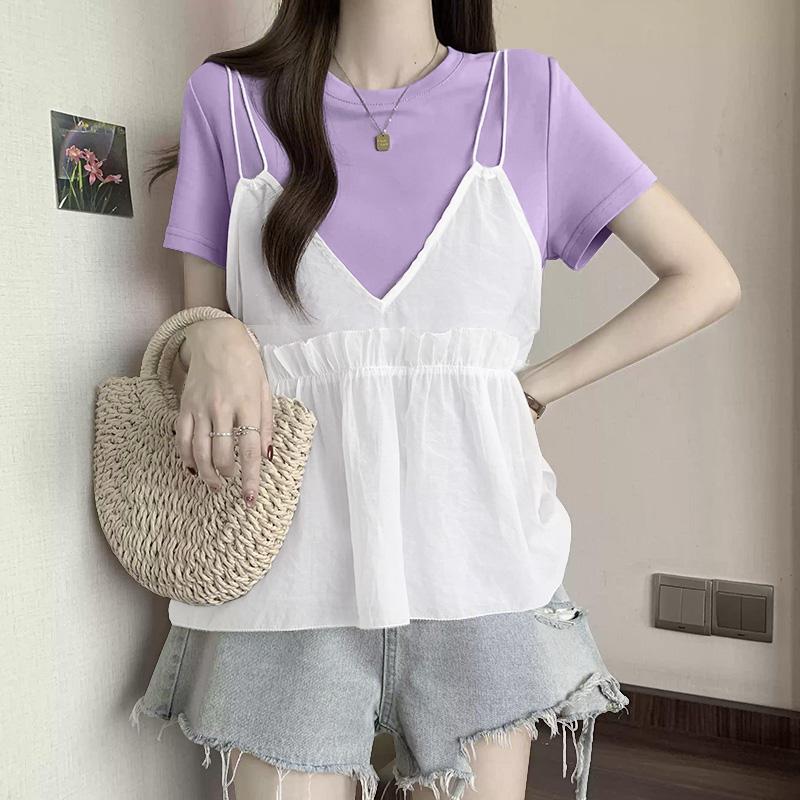 

ZANZEA Женская повседневная блузка с круглым вырезом, с короткими рукавами, с эффектом двухслойности L фиолетовый