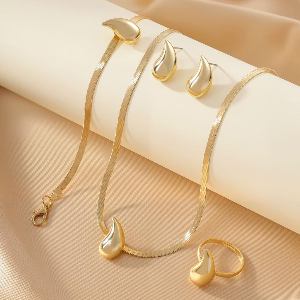 European and American Light Luxury Water Drop Gold Blade Chain Necklace, Earrings, Open Ring, bracelet4Versatile Accessory Set