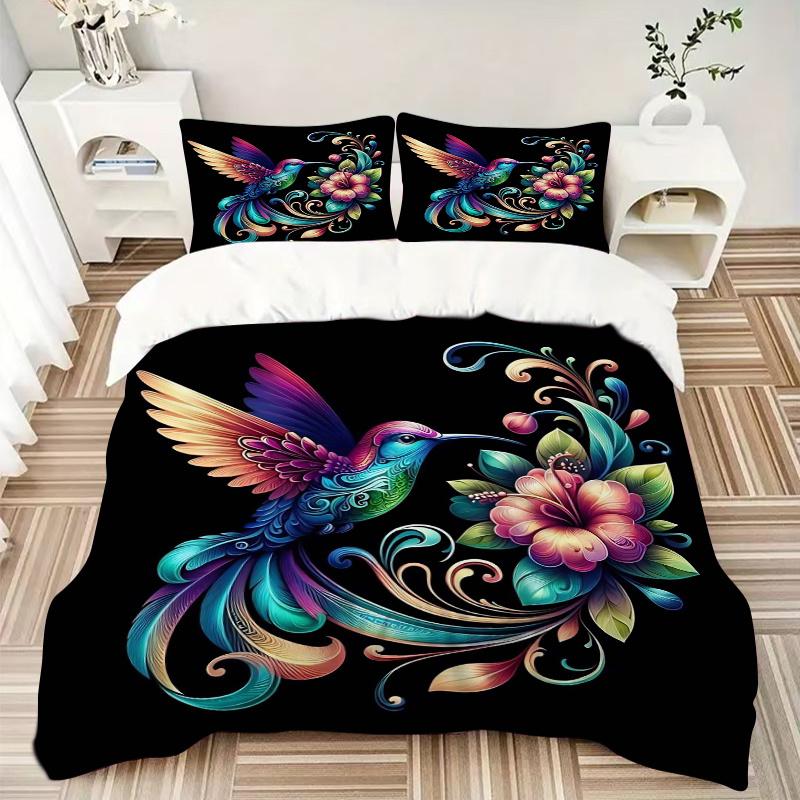 3pcs Colorful Hummingbird with Floral Fantasy Bedding Set, Including Without Filling, Soft and Comfortable Home Bedroom J016