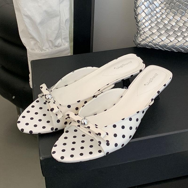 Fashion Fashion Metal Women Low Heel Slippers Slides Female Round Toe Footwear Butterfly-Knot Ladies Heeled Slippers Sandals Shoes Pumps