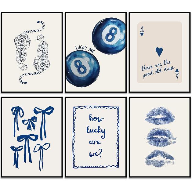Trendy Navy Wall Art Cheetah Poster Wall Decor Funky Lucky 8 Ball Prints Trendy Preppy Aesthetic Painting Blue Bow Preppy Girly Pictures Decoration 10 L x 8 W