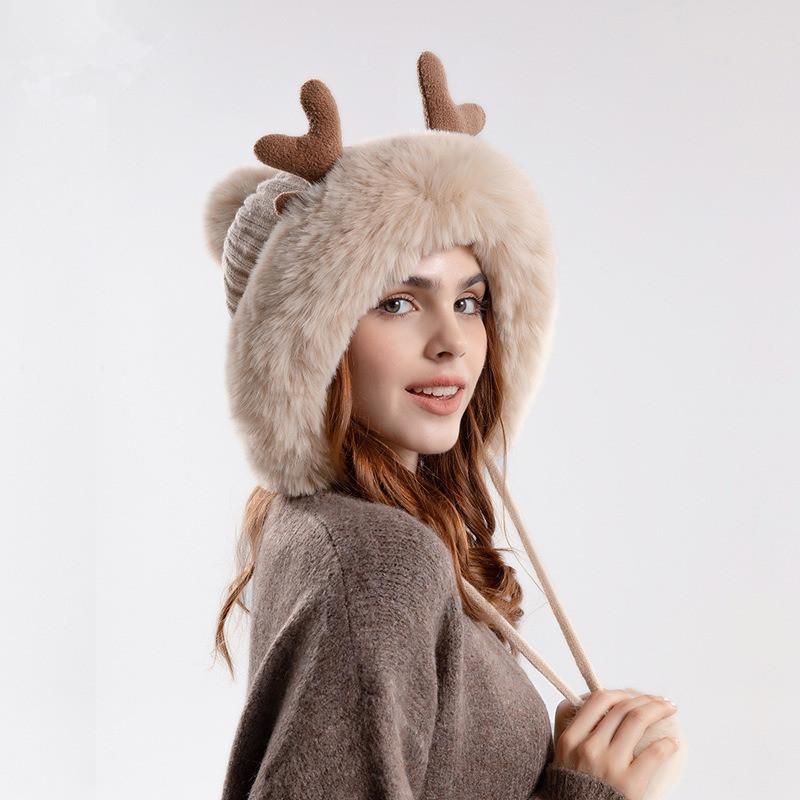 Winter Cute Warm Knitted Hats for Women Cartoon Cat's Ears Two Balls Earflap Cap Plush Fluffy Thicken Warm Fur Beanie Hat Female