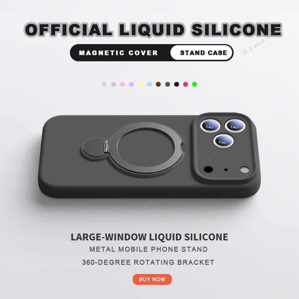 Liquid Silicone Magnetic Phone Bracket Case For iPhone 17 13 14 15 16 Pro Max Air Plus Magsafe Stand Holder Protector Cover