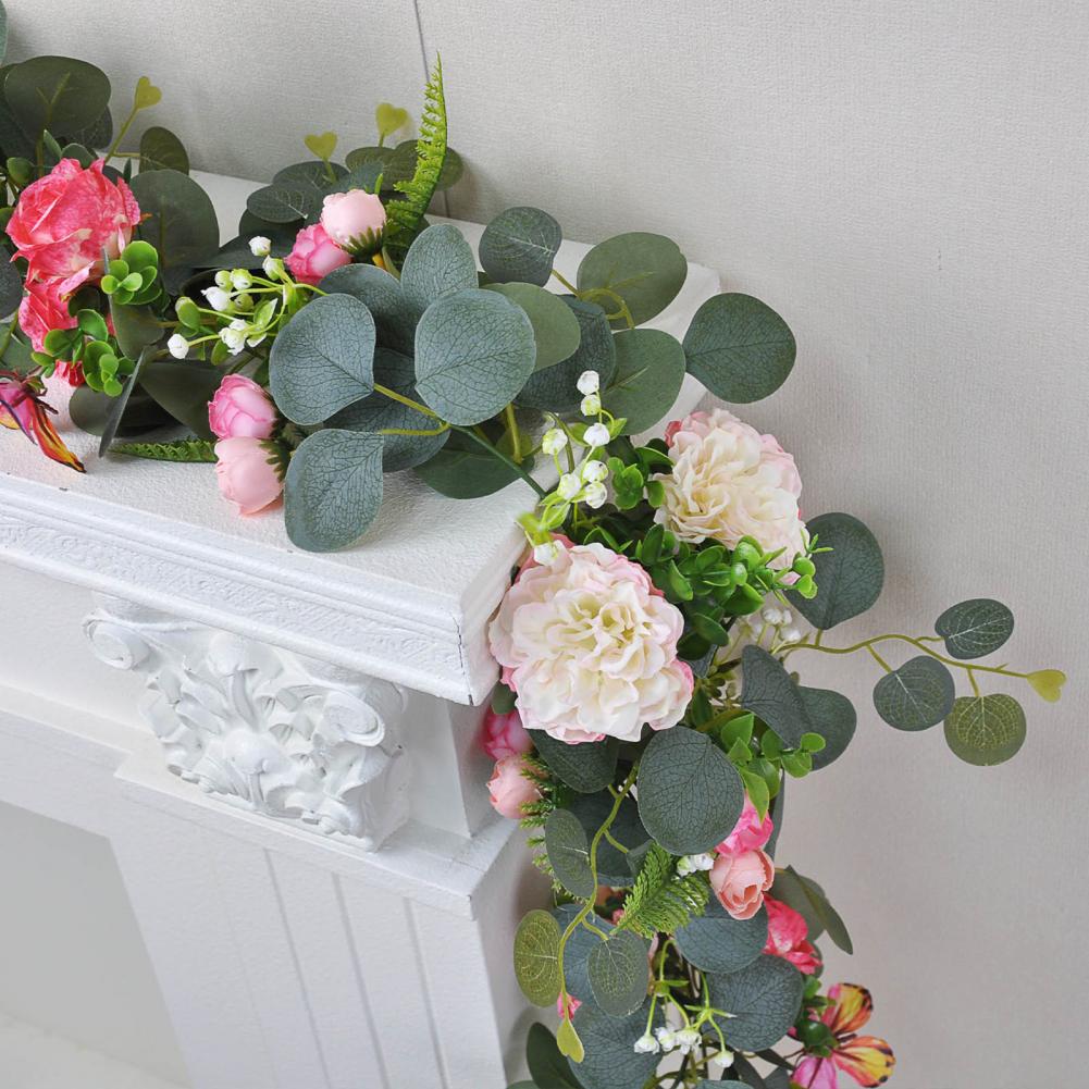 Artificial Eucalyptus Garland with Peony Flower Faux Floral Greenery Garland for Wedding Party Table Centerpiece Backdrop Decor