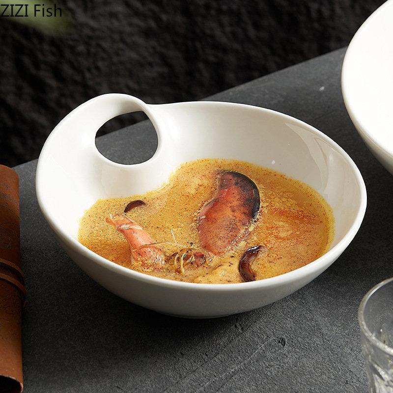 Creative White Salad Bowl Japanese Lamian Noodles Bowl Household Living Room Snack Fruit Plate Nordic Kitchen Ceramic Tableware