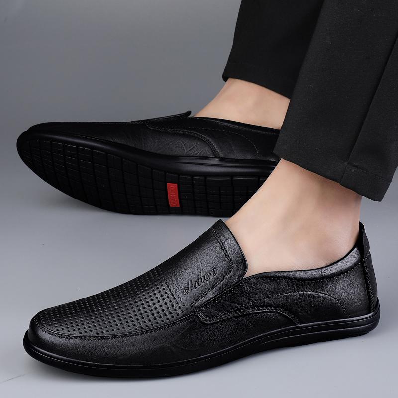 Men's Leather Casual Shoes Breathable Hollow Slip on Lazy Driving Shoes Office Fashion Shoes