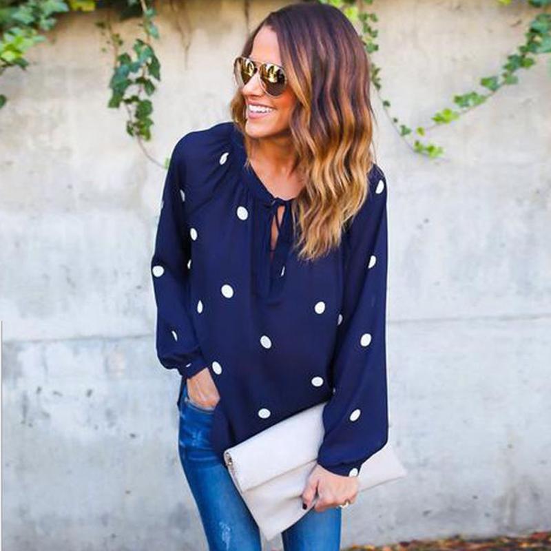 

Женская футболка с круглым вырезом и длинным рукавом, повседневная, в синий горошек, свободная, облегающая Tag S=US XXS