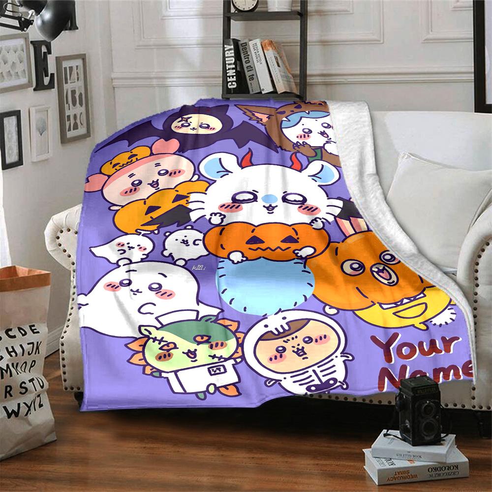 1pc Chiikawa Blanket with Custom Name, Gift, for Men and Women, Soft Blanket, Good for Sofa Bed Couch Travel, Lightweight Flannel Blanket