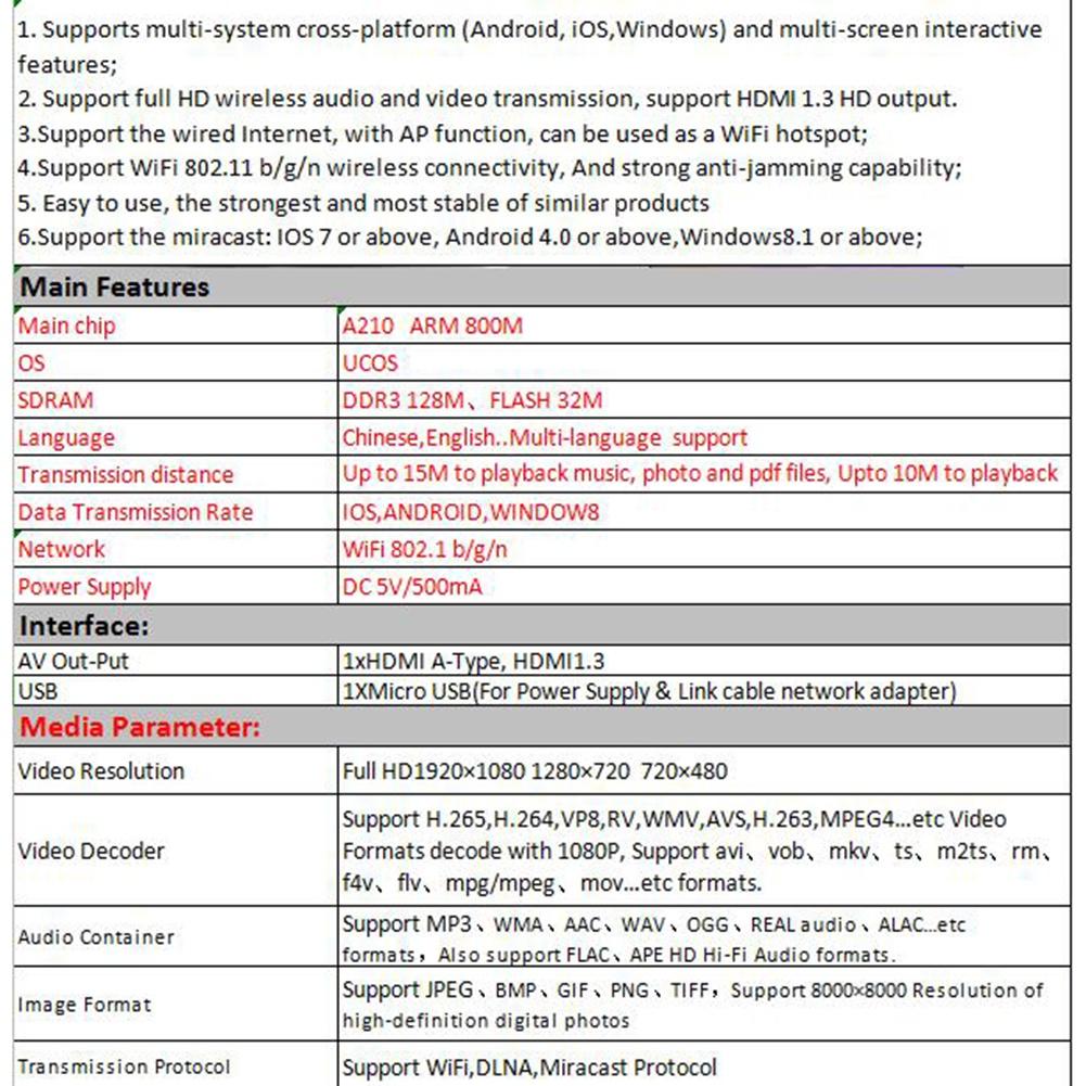 Miracast Android Dongle Mirascreen Wifi HDMI-kompatibel Airplay TV Stick Trådlös Display Receiver 1080P Media Streamer Adapter