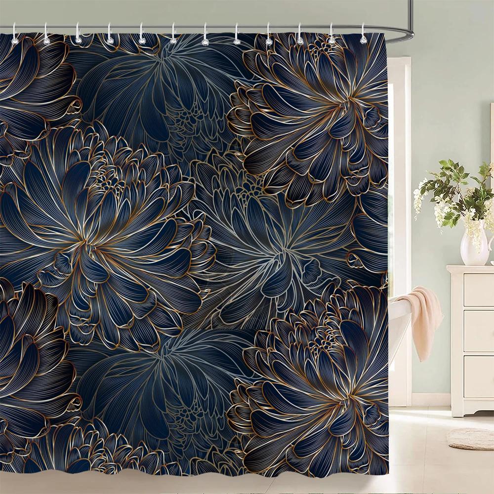 1pc Art golden flowers print shower curtain waterproof fabric,Floral pattern partition curtain decorate bathroom curtain