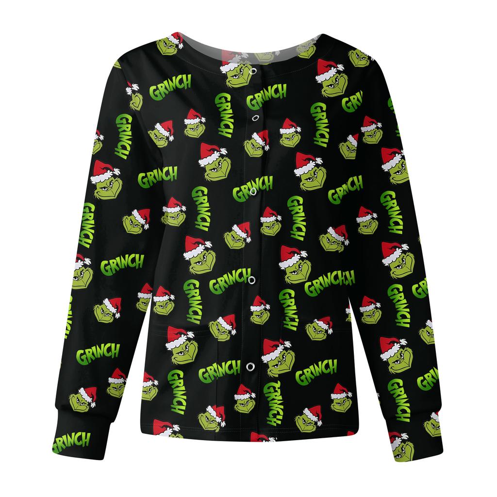 Women's Casual Fashion Long Sleeve Standing Collar Single Breasted Christmas Print Workwear Jacket Tops