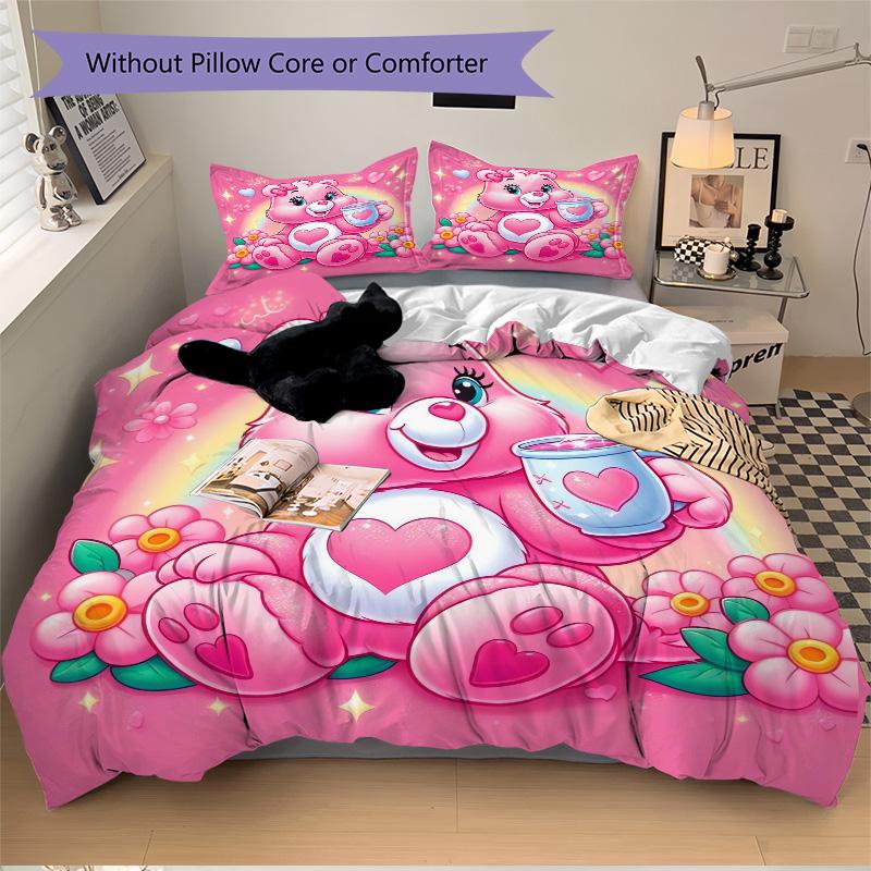 Pink Bear Heart Flowers Print 3Pcs Bedding Setduvet Cover With 2 Bedropillowcase Home Birthday Gift