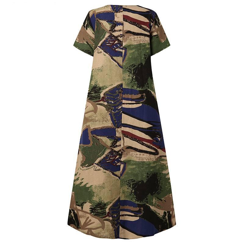 Damen Sommerbekleidung: Kurzärmeliges Langes Kleid, Bedrucktes Freizeitkleid