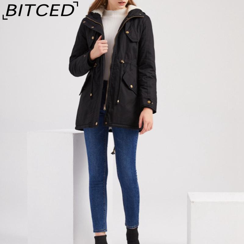 BITCED Autumn/Winter Women's Cotton Coat Solid-Colour Hooded Parka Thick Cotton Coat with Fleece Lining