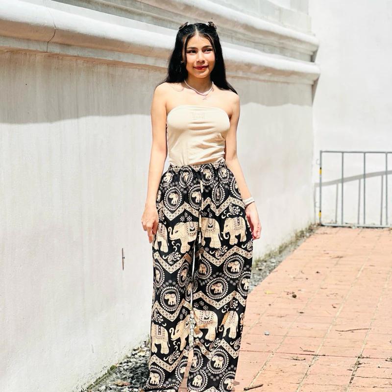Elephant Pants Women Men Unisex Premium Japanese Silk Print Thailand Casual Streetwear Beach Bohemian Retro Vintage Adjustable Rope Loose Legs