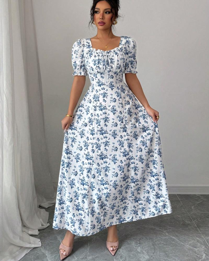 2025 Summer Fashion Women's Printed U-neck Short-sleeved Large Swing Dress