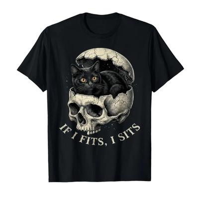 If It Fits I Sit Black Cat Gothic Skull and Cat Lover Humor Tshirt For Men Women 100 Cotton T Shirts Short Sleeve Tops 04172