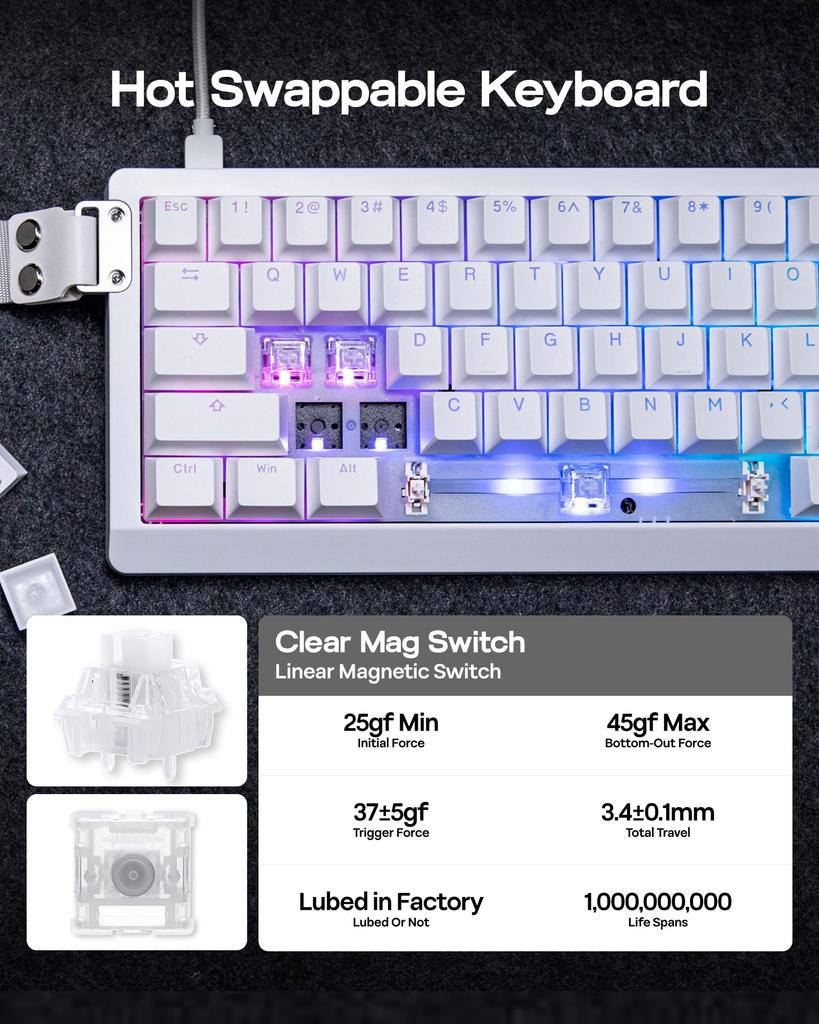 EPOMAKER HE68 Lite Hall Effect Magnetic Gaming Keyboard with 8000Hz Polling Rate 128K Scan Adjustable Snap SOCD Wired Mac Compatible Software & Rate,