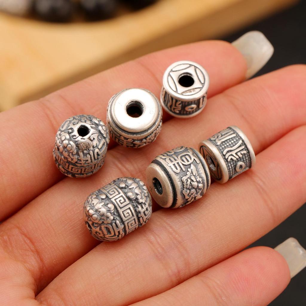S999 Sterling Silver Wealth & Peace Barrel Spacer Beads for DIY Braiding Rope Silver Accessories