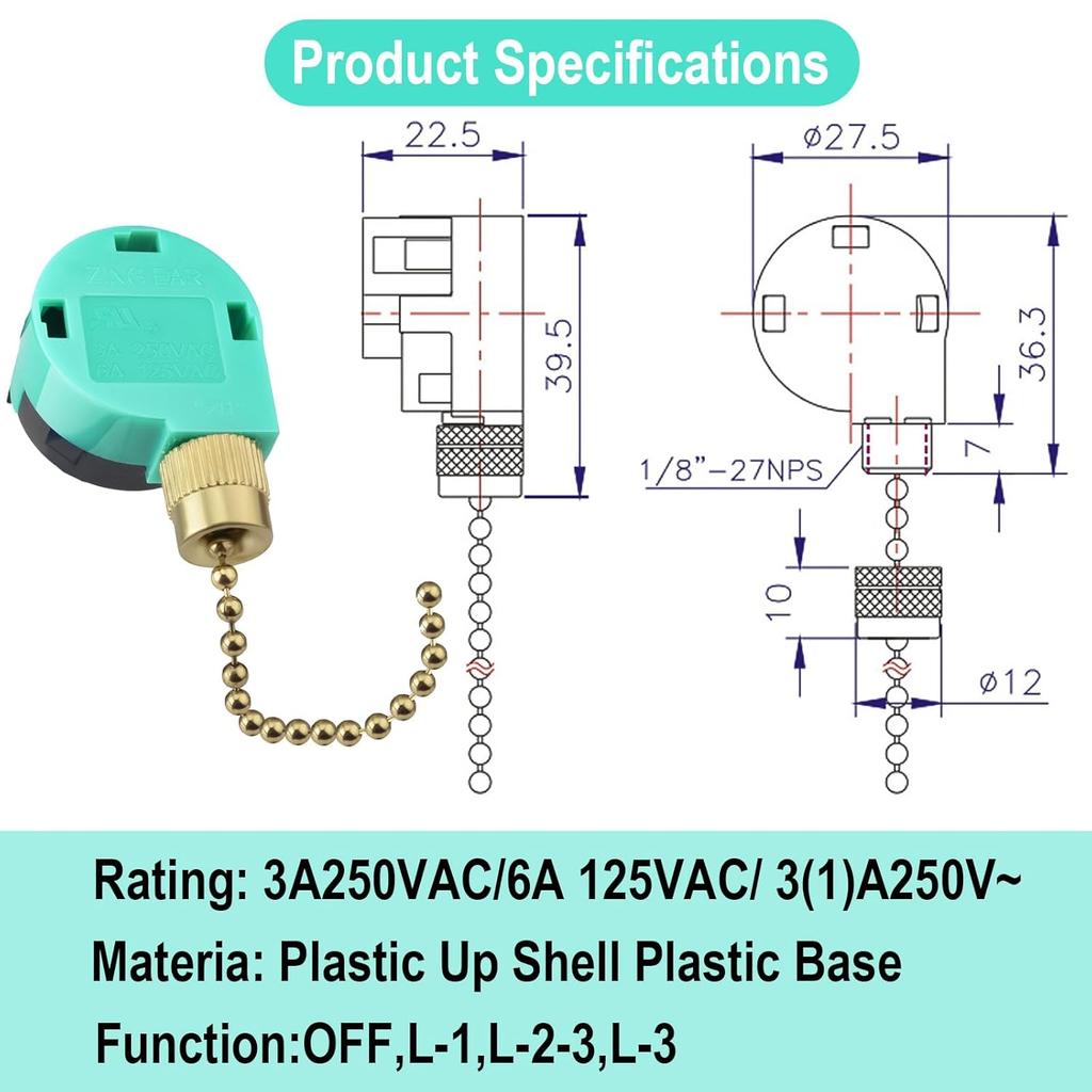Ceiling Fan Switch ZE-268S6 3 Speed 4 Wire, Switch Control Replacement for Ceiling Fans, Hampton Bay Fans, Hunter Fans, and Standing Fans, Wall Lamps