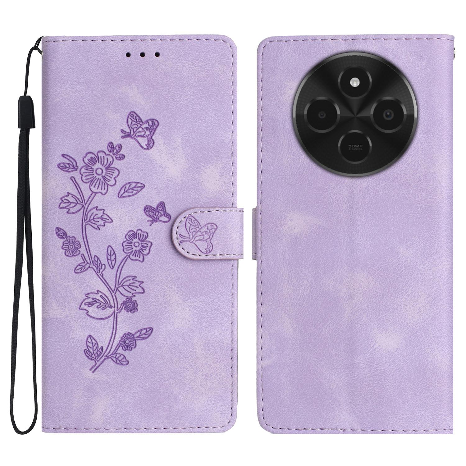 

For Xiaomi Poco C75 4G/Redmi 14R 5G/14C 4G Case Leather Imprinted Flower Phone Cover Wallet with Wrist Strap Purple