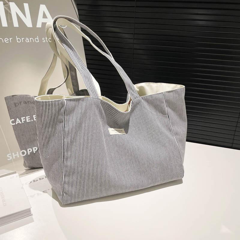 New Double-sided Shoulder Bag Large-capacity Tote Bag Literary Texture Embroidery Student Canvas Striped Commuter Bag