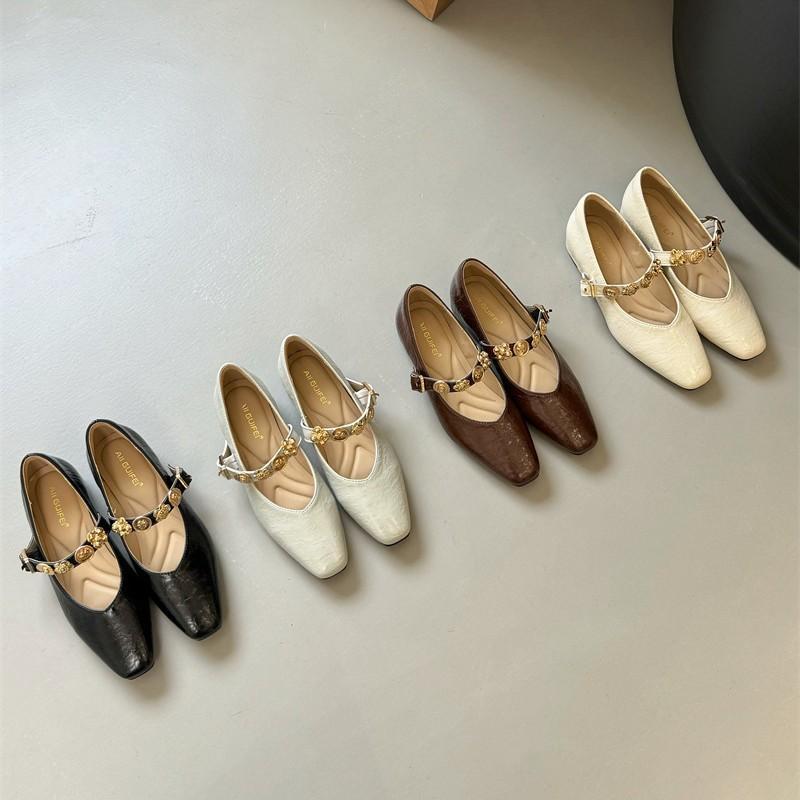 Inner Height Increase Korean Version Square Head Metal Buckle Mary Jane Flat-soled Single Shoes 2025 Spring and Autumn Outer Wear Comfortable Soft-so