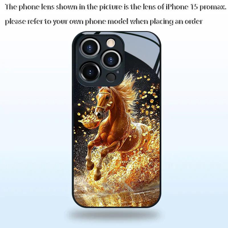 Golden Horse Delivering Wealth Features Glass phone Case for iphone 17 Air 16 15 14 13 12 11 Pro Max Plus Hard-shell