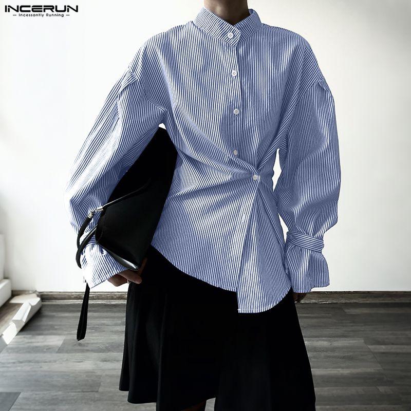 INCERUN Oversized Men Casual Loose Long Sleeve Striped Print Buttons Shirts Tops