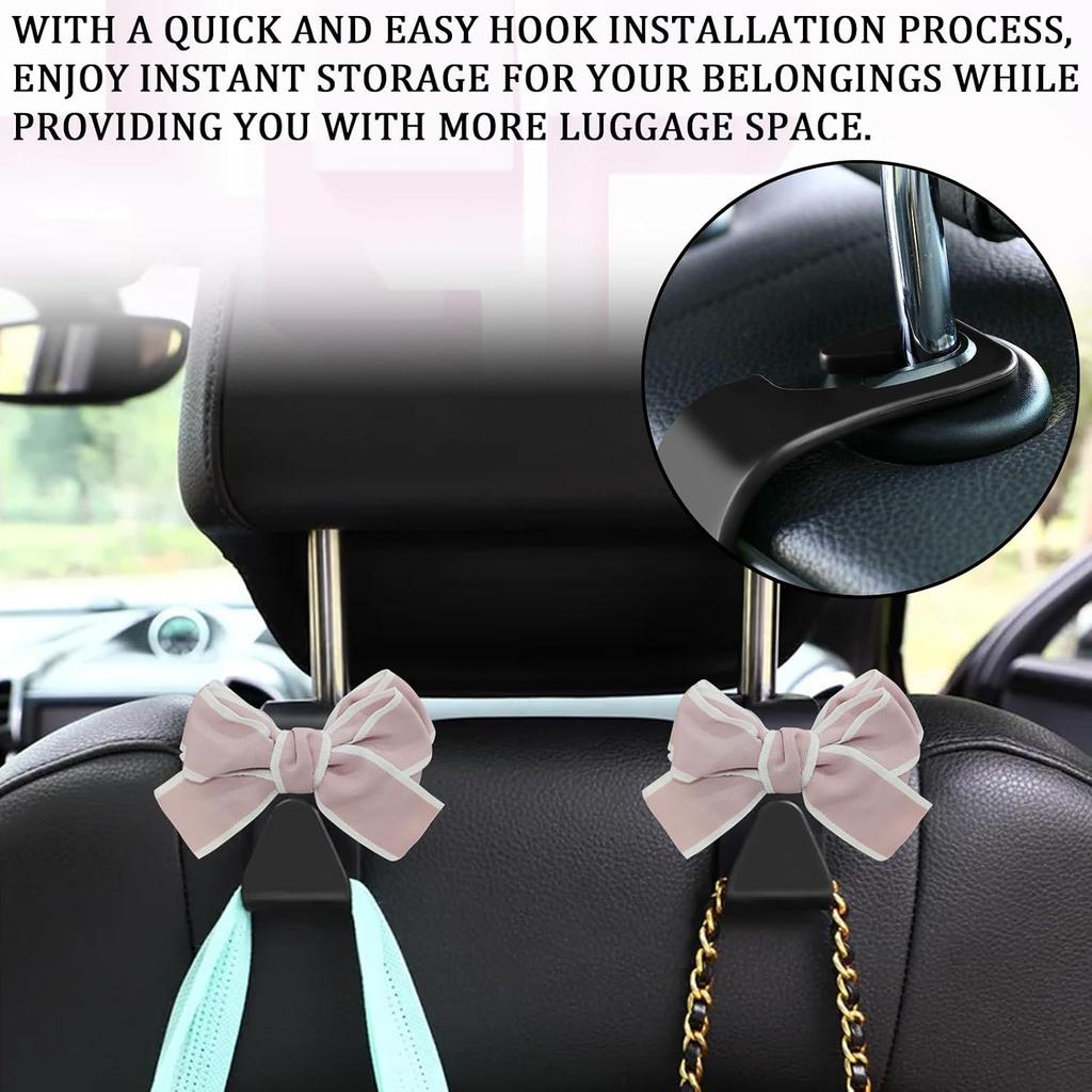 2PCS Purse Hook for Car, Car Seat Headrest Hooks, Cute Bow Car Rear Seat Storage Hooks for Purses and Bags, Universal Automotive Interior Decoration