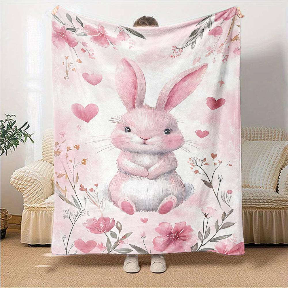 1pc Rabbit Flowers Blanket Lightweight Flannel Throw for Sofa Bed Travel Camping Livingroom Office Couch Chair