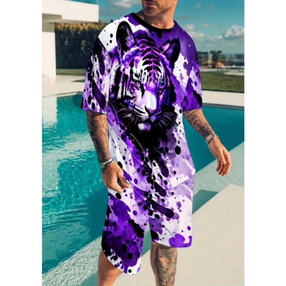 Fashionable and Comfortable Lion Print Short Sleeve T-Shirt and Shorts Set, Loose Summer Men's Two-Piece Outfit