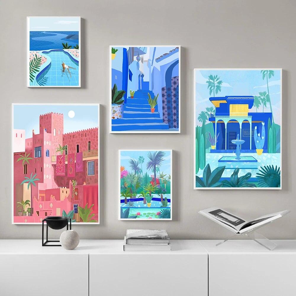 

Modern Summer Mural Living Home Decor Morocco Travel Poster Swimming Pool Art Print Nordic Marrakech Canvas Painting