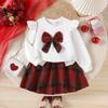 Spring and Autumn College Style Girls' Outfit Set for Young Girls with Bow Long Sleeve Plaid Short Skirt Two-Piece Set