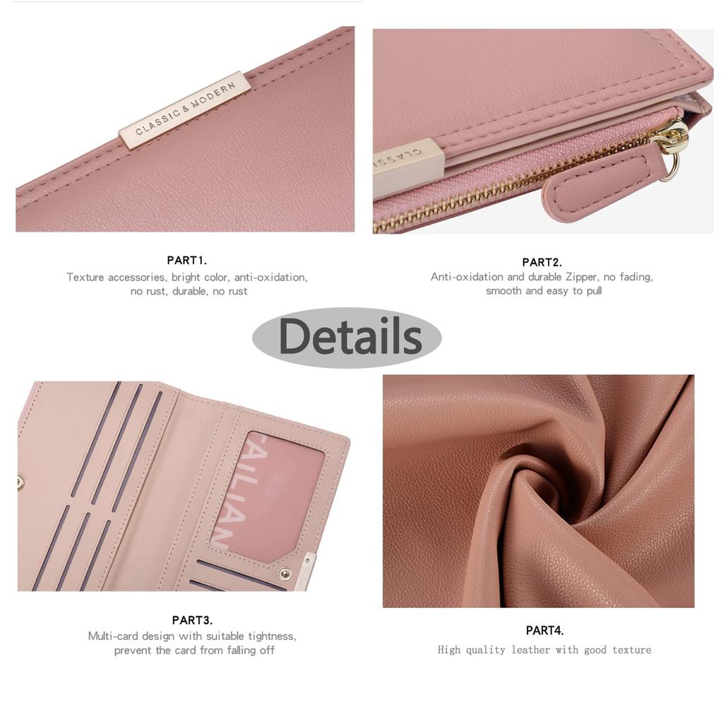Mokoze Women's Zipper and Magnetic Closure WalletClutch Bag with Long Bifold Coin Purse, Size Small, Pink, Contemporary Style