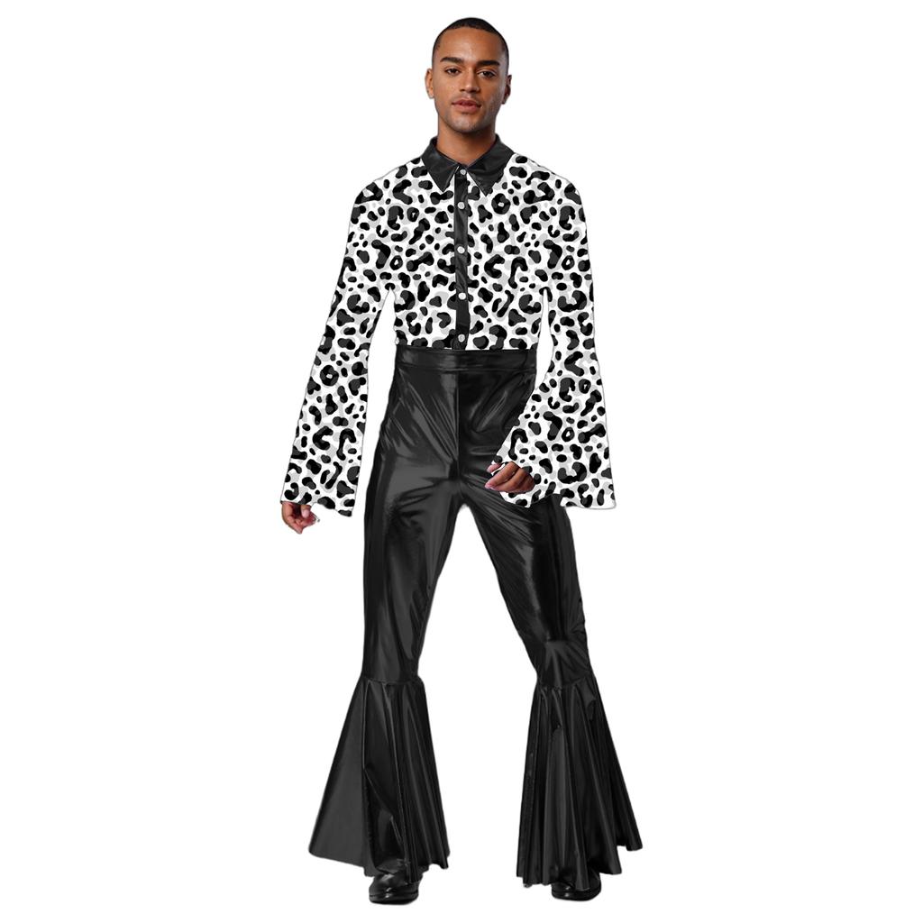 Mens Metallic Bell Bottom Disco Jumpsuit Turn Down Collar Flared Sleeves Printed Bodice Bodysuit Party Costume