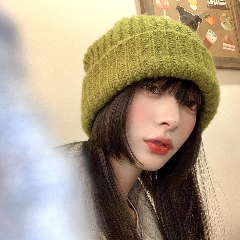 Women's Autumn and Winter Korean Style Versatile Green Wool Hat Winter Trend Korean Winter Japanese Face Protecting Knitted Hat
