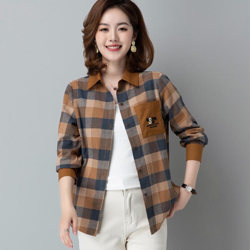 

Autumn Plaid Cotton Long Sleeve Shirt for Middle-Aged & Elderly Women - Casual Slim Fit with Lapel 3XL