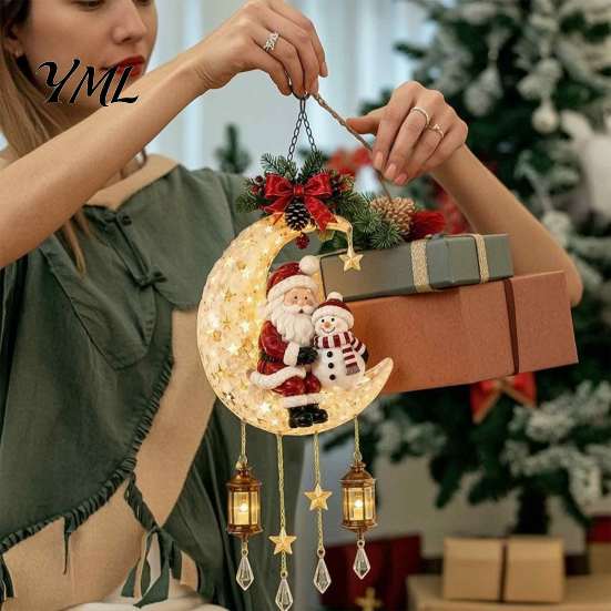 Unique Christmas Exchange Gift Santa Moon Hanging Lamp, Iron LED Lighted Ornament, Holiday Ornaments Glowing Atmosphere Light for Wall Window