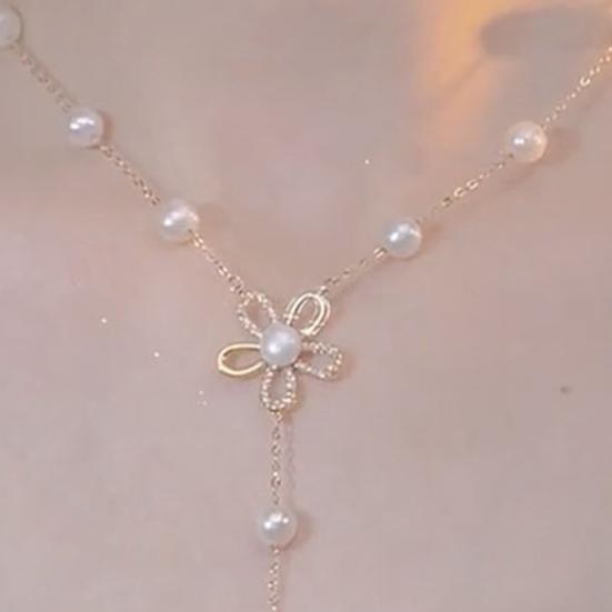 Women Necklace Sparkling Rhinestone Flower Dainty Elegant Beaded Lustrous Faux Pearl Clavicle Necklace Fashion Jewelry
