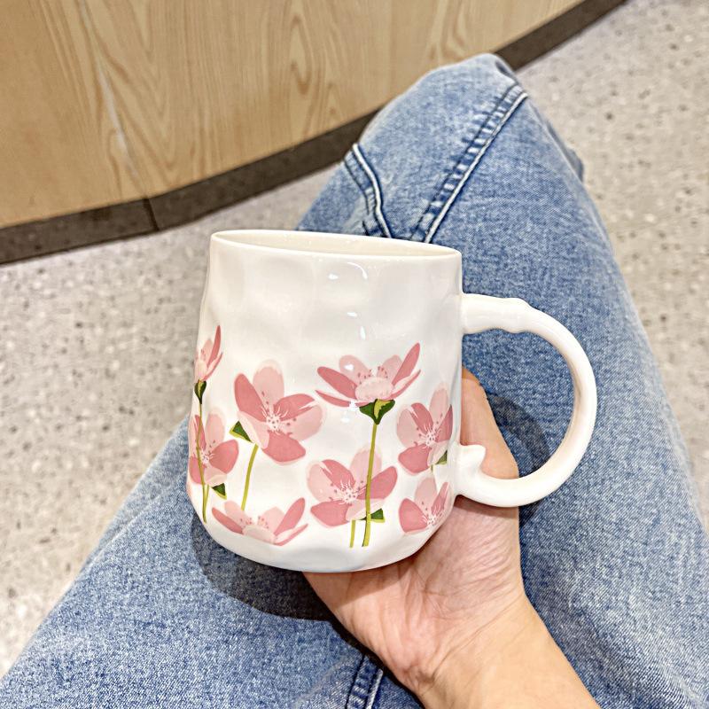 INS wind high-value flower mug with lid spoon household girl heart ceramic cup student breakfast milk cup