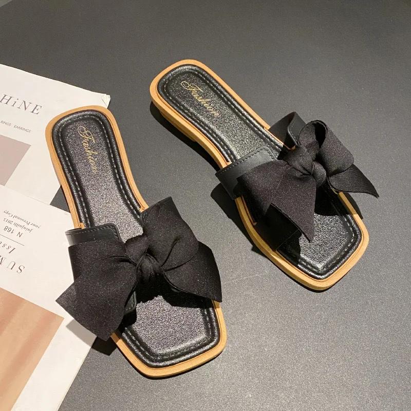 2024 Women's Slippers Luxury Design Interior Fashion Casual Sandals Comfortable Bow Flat Flat Women's Slippers