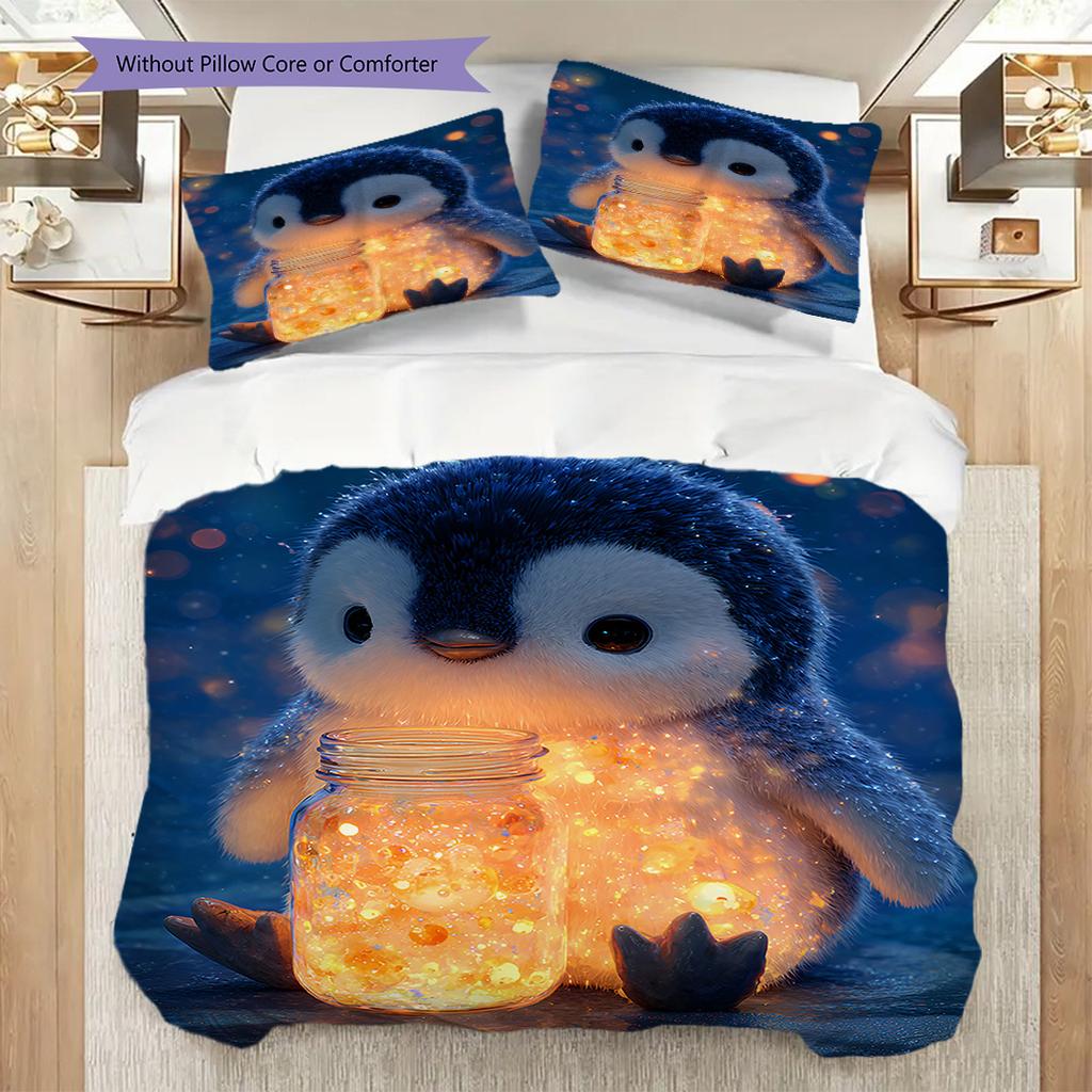 Pinguinmuster Bettwäsche Steppdecke Set Bettbezug Kissenbezug Heimdekoration Geburtstagsgeschenk (1 Bettbezug + 2 Kissenbezüge, ohne Füllung)