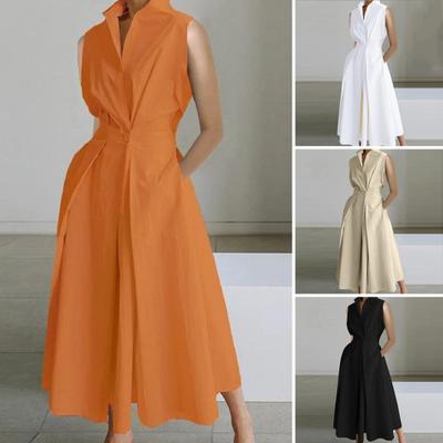 Damen-Kleid mit Revers-Knopf, A-Linie, großer Schwung, eng, hohe Taille, ärmellose Taschen, formeller Pendler-Stil, einfarbig, Damen-Midikleid
