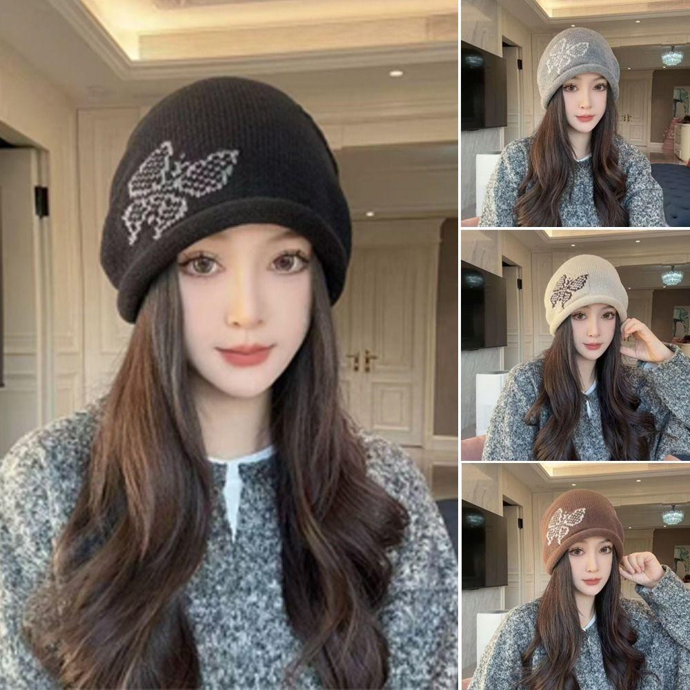 Butterfly Pattern Drawstring Beanie Cap Windproof Ear Protection Hat Knitted Woolen Hat  for Women