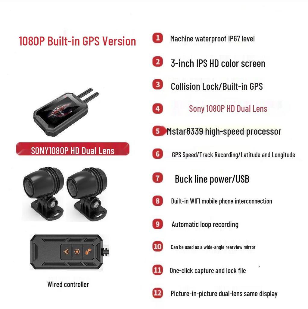 Dual Recording Motorcycle Dash Cam: Front/Rear, HD Night Vision, GPS, Waterproof, WiFi
