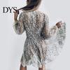 Evening Wear Short Dress Deep V Neck Sequin See-through Mesh A-line Mini Women Long Lantern Sleeves Prom Cocktail Party Sparkling Bead Embellished