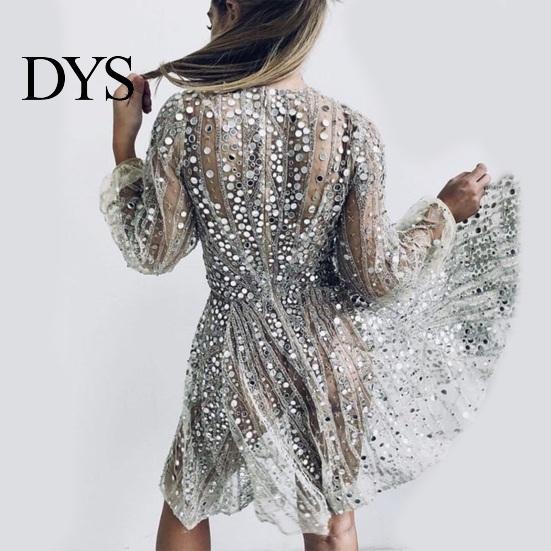 Evening Wear Short Dress Deep V Neck Sequin See-through Mesh A-line Mini Women Long Lantern Sleeves Prom Cocktail Party Sparkling Bead Embellished