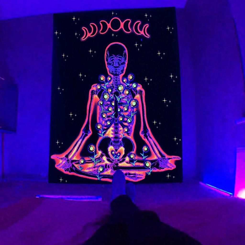 Hug Skull Fluorescent Black Light Tapestry Aesthetic Wall Hanging Hippie  for Bedroom Independent Room Decoration