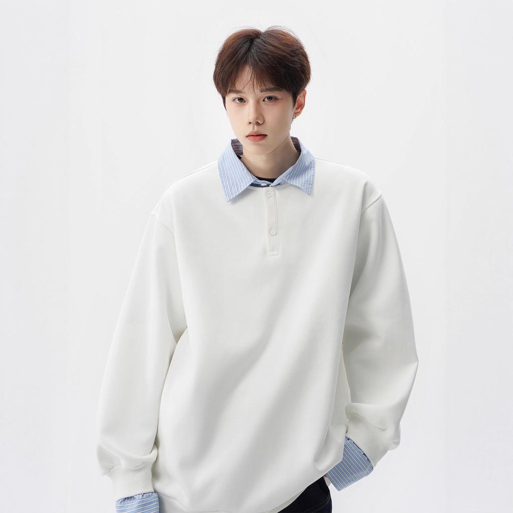 Japanese Fake Two POLO Shirts Men's Autumn College Style Lapel Sweater Retro with Bottoming Shirt Inside.